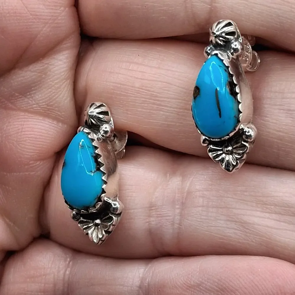 Sterling Silver Egyptian Style Turquoise Stud Earrings Southwestern Blue 3/4